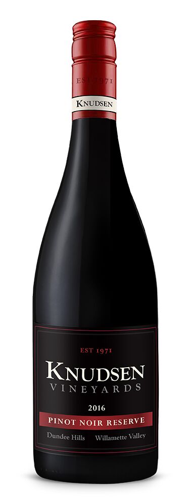 photo of bottle with wine label reading knudsen vineyards pinot noir reserve 2016