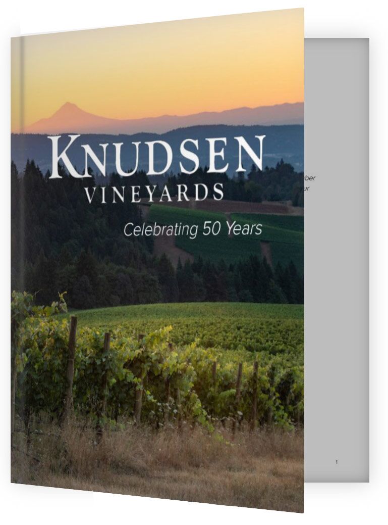 photograph of a book cover reading "knudsen vineyards celebrating 50 years"